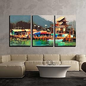 3 Piece Canvas Wall Art - Seascape Painting Showing Old Fishing Village,Digital Painting - Modern Home Art Stretched and Framed Ready to Hang - 16"x24"x3 Panels