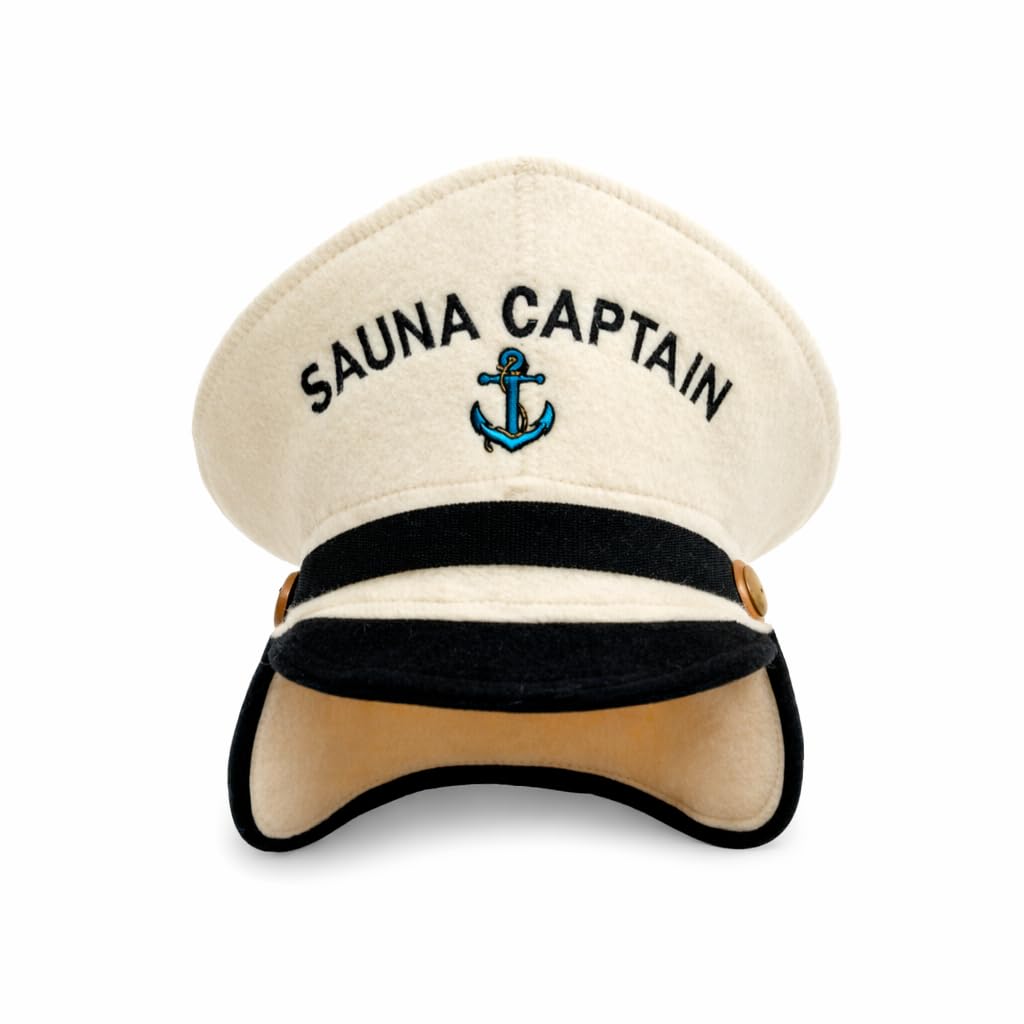 Natural Textile Sauna Hat 'Sauna Captain' White - 100% Organic Wool Felt Hats for Russian Banya - Protect Your Head from Heat - English Sauna eBook Guide Included - with Embroidery