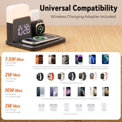 5 en 1 Station de Charge pour A-pple Reveil Chargeur Induction pour i Phone 17-11 pour air-pods A-pple Watch Chargeur sans Fil avec Lampe pour la Chambre à Coucher Adaptateur Inclus