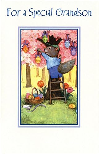 Squirrel Hanging Eggs on Tree: Grandson - Easter Card