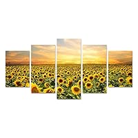 Canvas Painting Sunflower Art Print - Floral Sunset Cloudy Flowers Landscape Picture Modern Flowers Poster Wall Decorations for Living Rome Home Decor 5 Pieces Set Framed Ready to Hang Kitchen Artwork