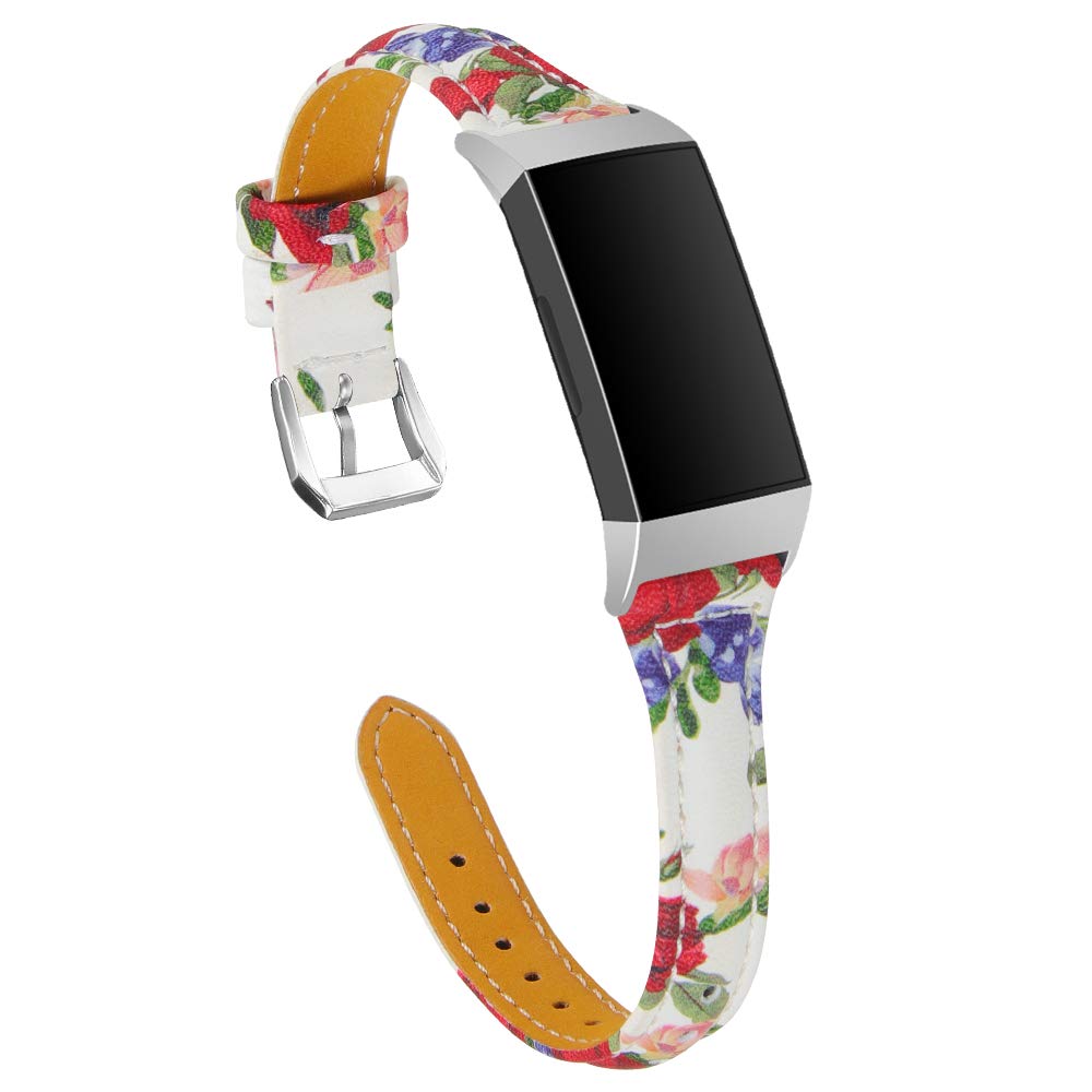 TenCloud Replacement Straps Compatible with Fitbit Charge 4/Charge 3 Strap, Slim Leather Flower Printing Wristband Bracelet Adjustable Arm Band for Charge 4/Charge 3/Charge 3 SE (Flower-White)