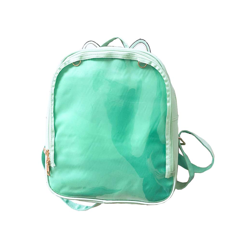 KEEPOP Ita Backpacks Girls Cute School Rucksack Cat Ears Design Daypack Ladies Summer Beach Bag Transparent Windows for DIY Pins Decors, Green