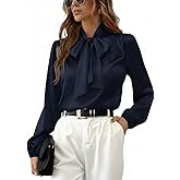 CUPSHE Women's Blouses Long Sleeve Satin Shirts Bow Tie High Neck Tops Dressy Casual