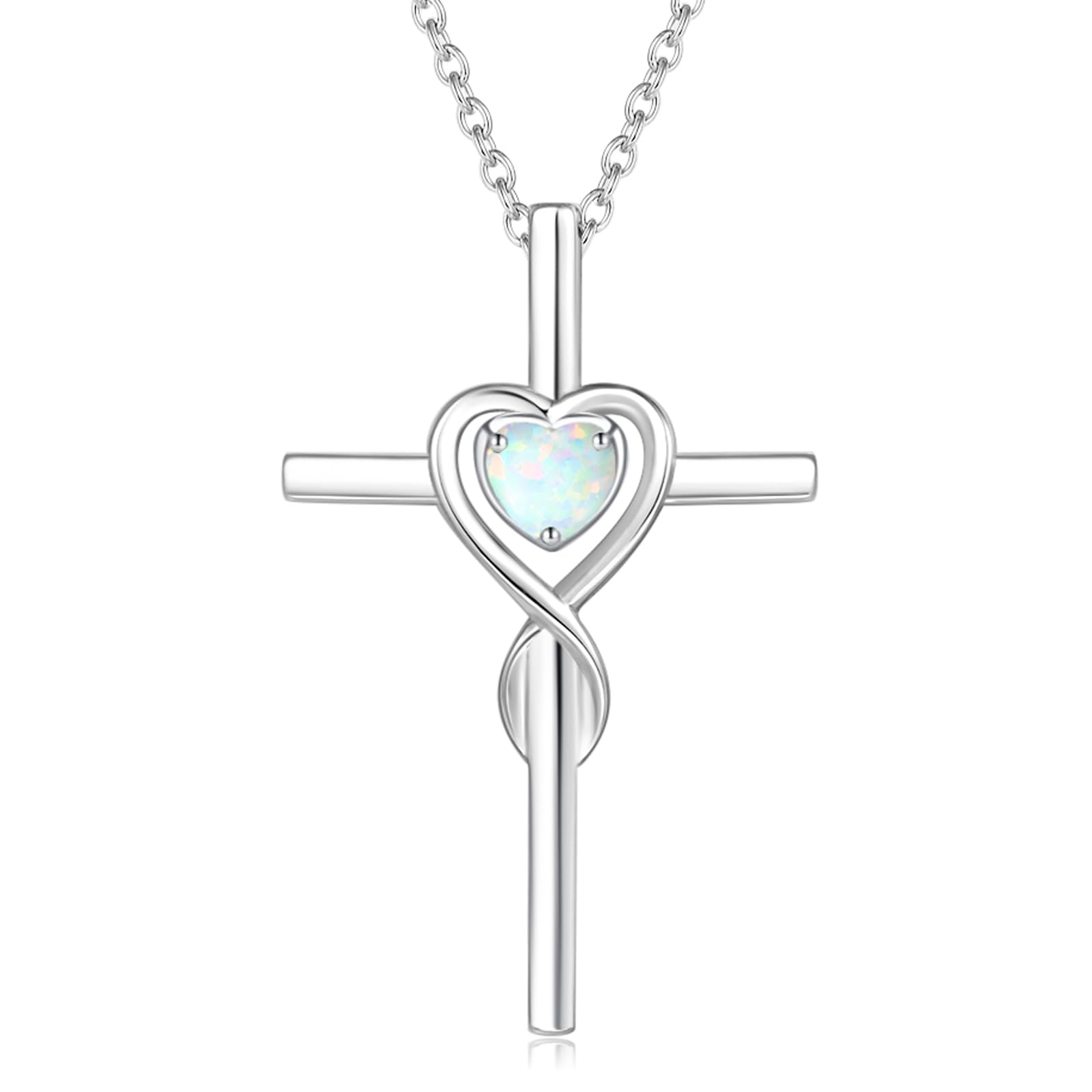 FANCIME 925 Sterling Silver Crucifix Infinity Heart Cross Pendant Necklace with Created Opal Gemstone October Birthstone Fine Jewellery for Women Girls - Chain Length: 16 + 2 Inch