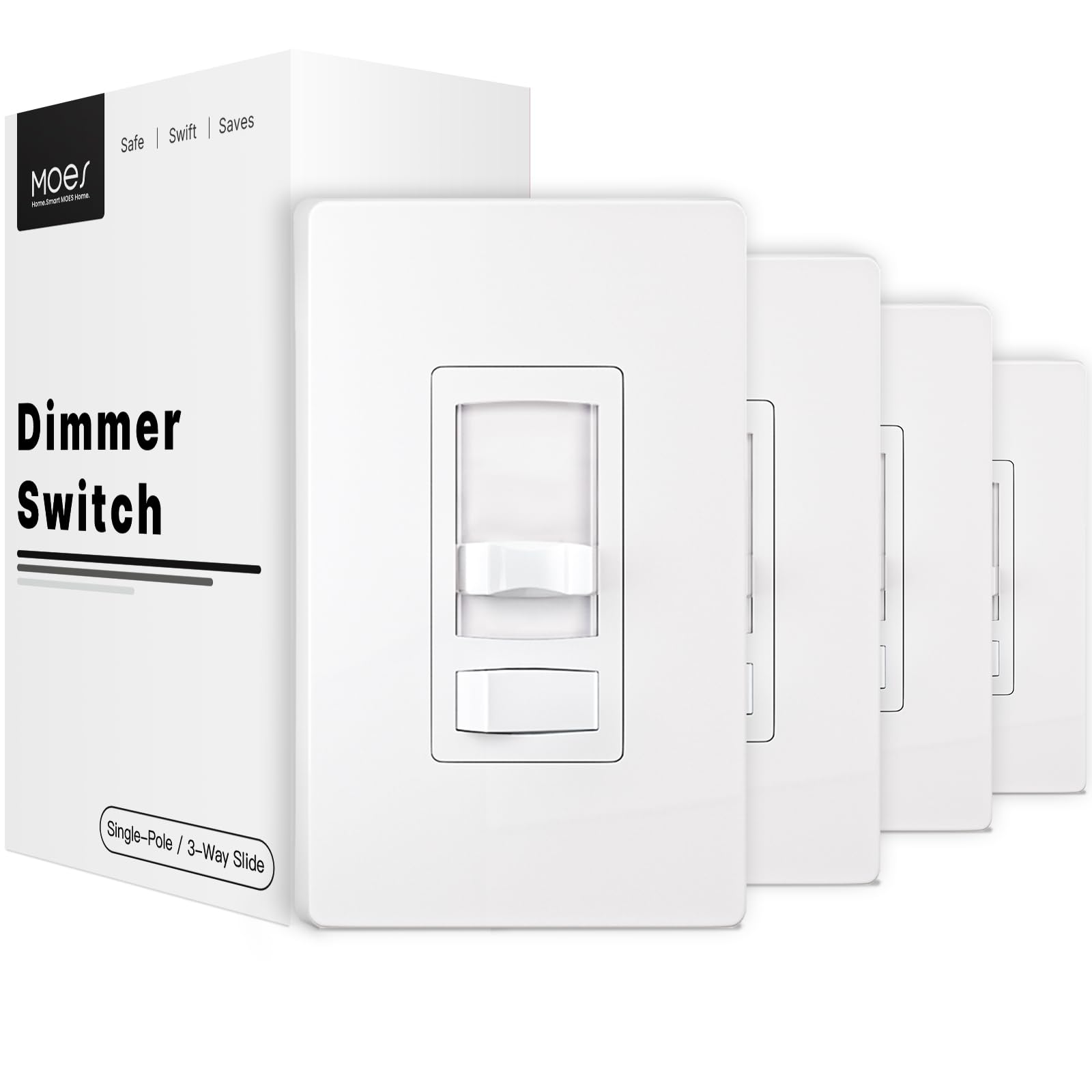 Photo 1 of MOES Dimmer Light Switch 4 Pack, 3 Way & Single Pole Dimmable Switch for LED,CFL,Incandescent,Halogen, 600Watt Max, ON/Off Switch with Dimming Slide for Bedroom Hallway, No Neutral Wire Required