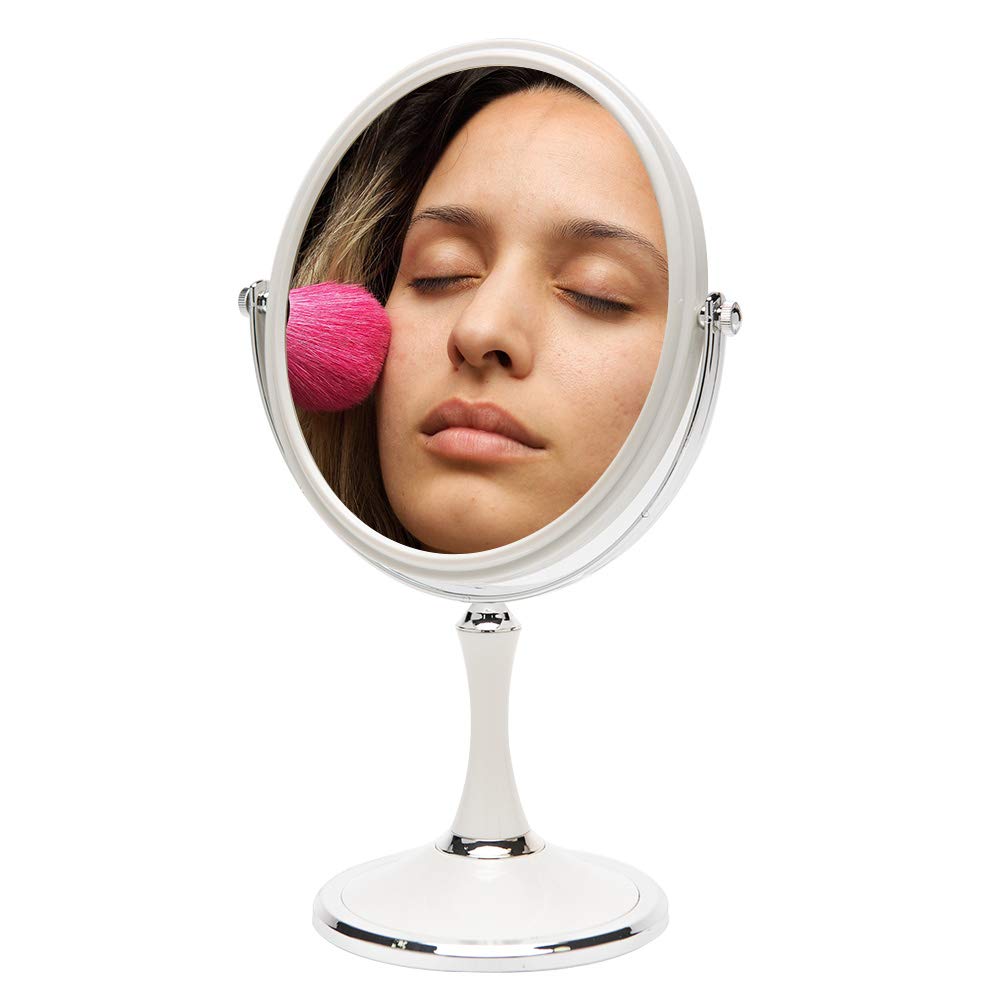 YEAKE Vintage Table Mirror with Stand 8-inch Double Sided Swivel 1X/3X Magnification Desk Mirror with Silver Style 13 Inch Height Standing Tabletop Makeup Vanity Mirror(Oval)