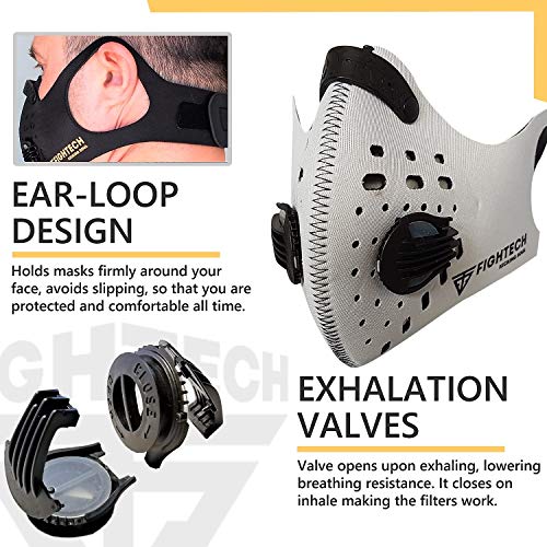FIGHTECH Dust Mask | Mouth Mask Respirator with 4 Carbon Filters for Pollution Pollen Allergy Woodworking Mowing Running | Washable and Reusable Neoprene Half Face Mask (M/WHT)