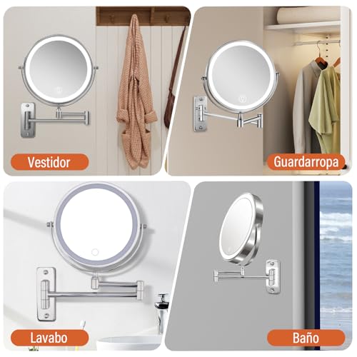 GALASALA Espejo con Luz Montado en Pared, Espejo de Maquillaje 8 Pulgadas con Aumento 10X/1X, Espejo de Tocador para Baño con Brazo Extensible, Rotación 360°, 3 Modos de Color