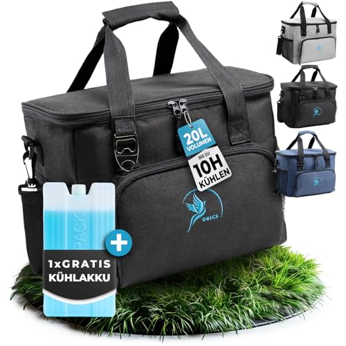 Obics® Kühltasche 20L faltbar - Einkaufstasche & Lunch-Tasche klein schwarz ohne Strom mit Kühl-Akku - Gefriertasche & Kühlbox Picknick-Tasche isoliert - Essens