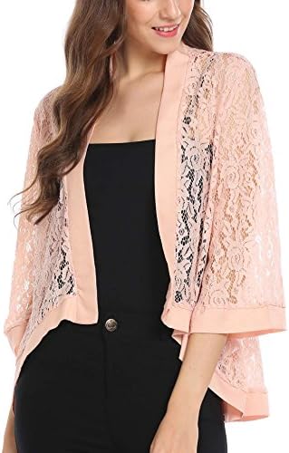 Thinlce Women's Fashion 3 4 Sleeve Sheer Lace Crochet Shrug Loose Fit Cardigan,Pink,X-Large