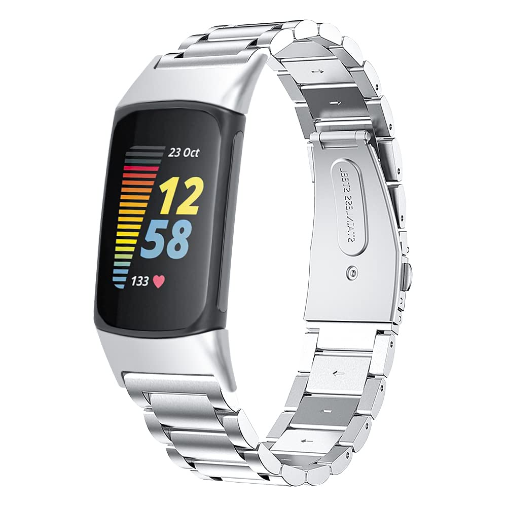 Chofit Straps Compatible with Fitbit Charge 6 Strap, Metal Stainless Steel Replacement Bands Business Wristband for Charge 6 (Silver)