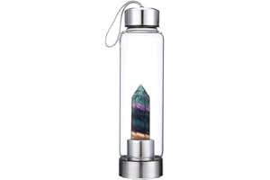 Natural Crystal Point Wand Energy Reiki Healing Crystal Quartz Glass Water Bottle Portable Leak Proof Gemstone Cup, Amethyst/
