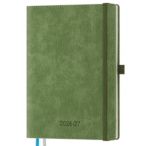 IN-LUXPRO 2026 2027 Diary Week View 21.8 x 16.2 cm, 18 Months Academic (Jul.2026-Dec.2027), Weekly Planner with Monthly Index, PU Leather Softcover, Vertical, Olive Green