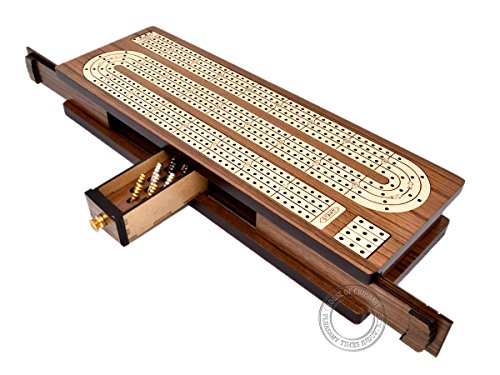 House of Cribbage - Continuous Cribbage Board Inlaid in Teak Wood / Maple Wood - 4 Track - Separate Storage Space for Two Deck of Cards & Pegs