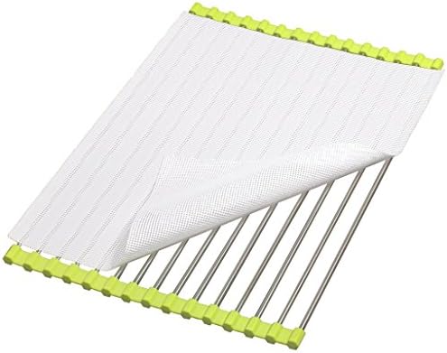 YUNLOY Roll Up Dish Drying Rack Over The Sink Drain Board Organizer Shelf Storage Mat Fruit Vegetable Washing Holder 17.5"L x 11.6"W - Stainless Steel - Green