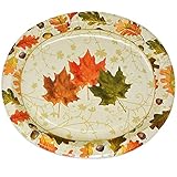 50 Thanksgiving Paper Plates Oval Large Disposable 10" X 12" in Elegant Autumn Leaves Design for Harvest Fall Party Dinner Wedding Event Platter Decorations