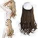 SARLA Invisible Wire Hair Extensions with 3 Clips Long Synthetic Wavy Curly Hairpiece Adjustable Transparent Headband for Women 18 Inch Ginger Brown