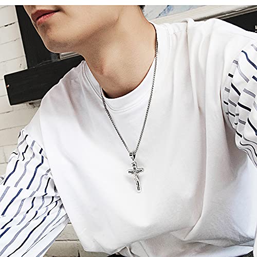 Wowsweet 14K Gold Plated Catholic Jesus Stainless Steel Cable Chain Necklaces Crucifix Cross Pendant for Men Women (Silver A)