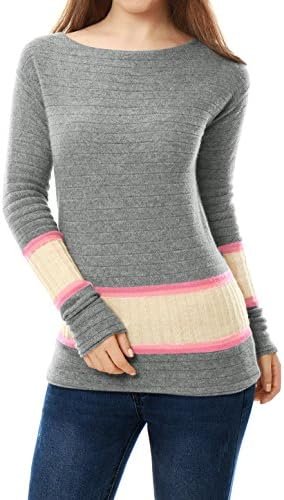 Cashmerelina Women Boat Neck Jersey Contrast Rib Knit Cashmere Sweater M Pink