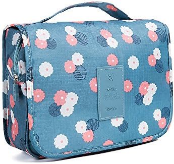 QMARK Hanging Cosmetic Travel Bag Organizer with Zipper Portable Multifunction Beach Pouch Waterproof Carry Case Set for Accessories &amp; Makeup Kit Bathroom Toiletry Storage Polka Dot Blue