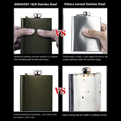 GENNISSY Green 18/8 Stainless Steel 12OZ Hip Flask - Green Flasks for Liquor with Funnel