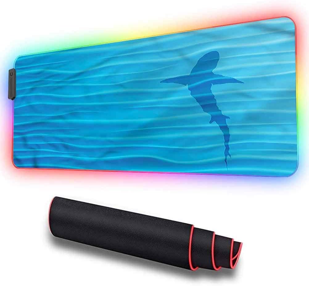 RGB Mouse Pad, Sea Animals,Wild Shark in Ocean, Large Cool RGB Gaming Mouse Mat with Nylon Thread Stitched Edges & Smoothly Waterproof Non-Slip Rubber Base, 31.5 x 11.8in