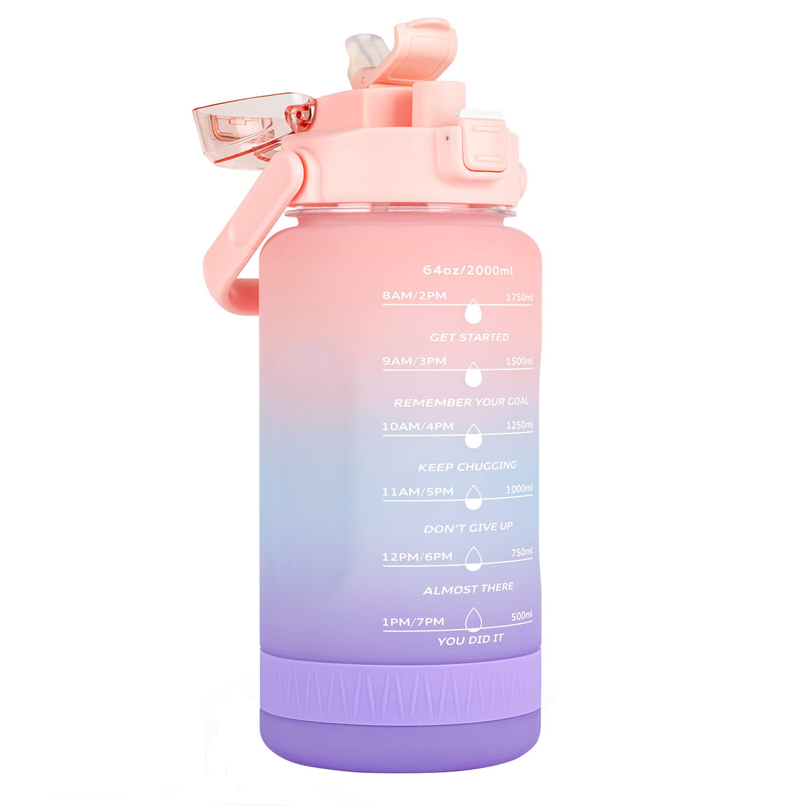 UeKeKicg 2 Litre Water Bottle, 64ozHalf Gallon Water Bottle with Time Marker/Straw/Chug One Lids, Leakproof Tritan BPA Free Reusable Water Jug Easy Carry for Adult and Kids Gym Sports Outdoors (Pink)