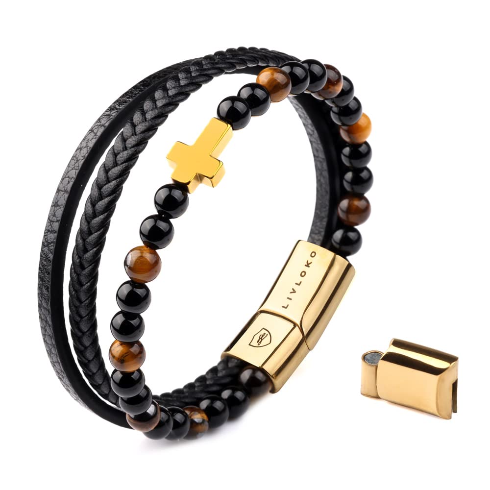 LIVLOKO Mens Bracelet Leather Black Multi-Layer Bracelet for Men Magnetic Clasp Rope Wristband Mens Gift for Boyfriend (Medium to Large 20-22cm, E. 19-22cm Black Brown Tiger-Eye Cross Adjustable)
