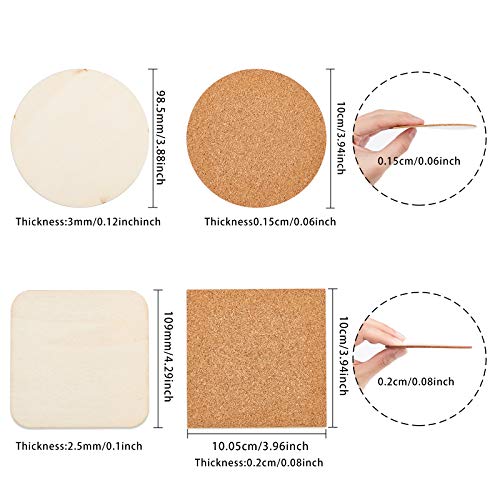 AHANDMAKER 24 Stück Selbstklebende Korkuntersetzer, 4 Arten Von Runden und Quadratischen Holzscheiben und Korkmatten für… – Bild 3