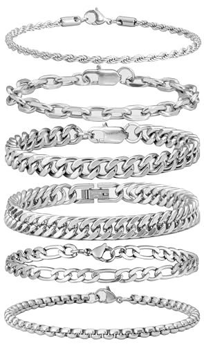 XIANNVXI 6 Pcs Stainless Steel Bracelets for Men Women Cuban Link Bracelet Rope Paperclip Chain Bracelets Set 6.5/7/7.5/8.3/9 Inches Mens Metal Bracelets
