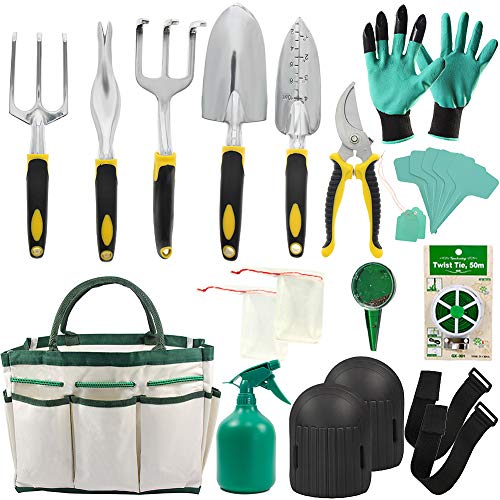 Garden Tools Set – 14 Piece Gardening Gifts Tool Kit for Women & Men with 6 Hand Tools, Garden Storage Tote, Watering Pot,Knee Pads,Garden Gloves,Seeds Bag,Plant Labels,Garden Tie and Seeder Tool