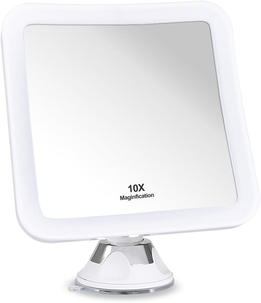 10X Magnifying Lighted Makeup Mirror, Daylight LED Travel Vanity Mirror - Compact, Cordless, Locking Suction, 6.5" Wide, 360 Rotation, Portable Illuminated Bathroom Mirror (Square)