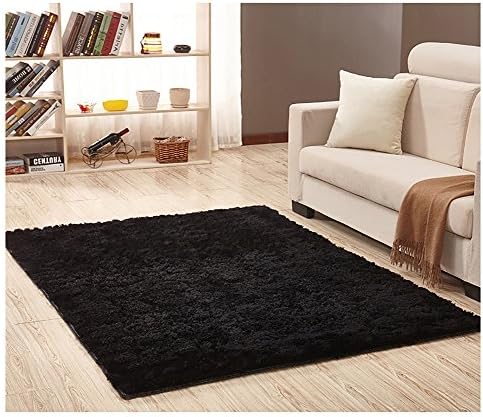 Ultra Soft Bedroom Carpet,Decorative Sitting Room Shaggy Area Rug, Fluffy Kids Playing Pad with Anti-Slip Bottom,Water Absorbent & Quick Dry Area Rug (Black, 23 x 62 Inches)