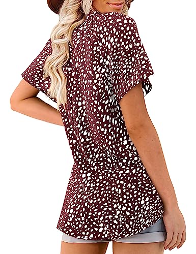 AMORETU WOMEN LEOPARD PRINT SHIRTS MOCK NECK SHORT SLEEVE BLOUSE WORK TOPS