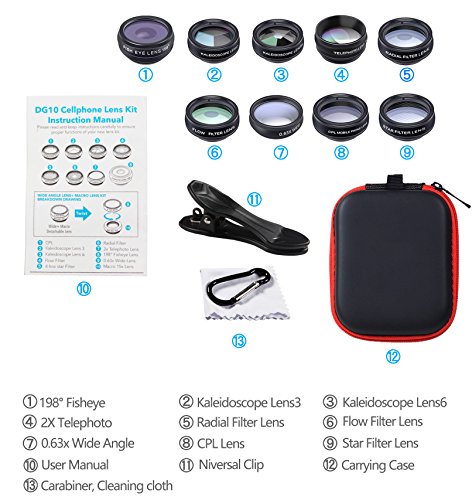 10 in 1 Camera Lens Kit by Ailuki,Wide Angle Lens&Macro Lens+Fisheye Lens+Telephoto Lens+CPL/Flow/Radial/Star Filter+Kaleidoscope, Selfie Remote Control+Tripod for iPhone Samsung Galaxy Huawei - Thumbnail 2