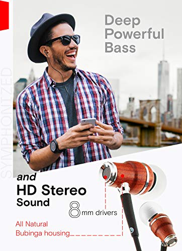 Symphonized NRG X Bubinga Premium Genuine Wood Earbuds, in-Ear Noise-Isolating Headphones, Earphones with Angle-Fit Ear Tips, in-line Microphone and Volume Control, Stereo Earphones (Black)