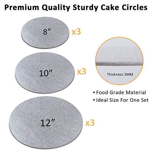 Cake Boards Sliver Foil Round Cake Circles 8, 10, 12 Inch Cake Base Cardboard, 3 of Each Size Set, with 2pcs Plastic Scrapers for Baking Cake (9 Pack)