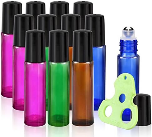 Olilia Glass Roll on Bottles with Metal Roller Balls - Essential Oils Key included 12 Pack of 10ml(1/3oz) (Mixed Color - Black Lids )