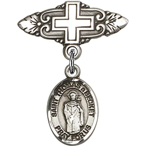 Sterling Silver Baby Badge with St. Thomas A Becket Charm and Badge Pin with Cross 1 X 3/4 inches