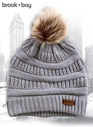 Brook + Bay Faux Fur Pom Pom Beanie for Women - Warm & Cute Cable Knit Winter Hats - Thick, Chunky & Soft Stretch Knitted Caps for Cold Weather - Stylish & Trendy Snow Beanies for Ladies - Thumbnail 7