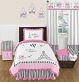 Pink, Black and White Stripe Paris 4 Piece Childrens and Kids Girl Twin French Eiffel Tower Bedding Set Collection