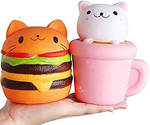Marery set of 2 Cat Kitty Squishies Jumbo Slow Rising Squishies Kawaii Cupcake Cat Squishy Hamburger Cat Squishy Cream Scented Kawaii Kitty Squishy Charms Squeeze Toy