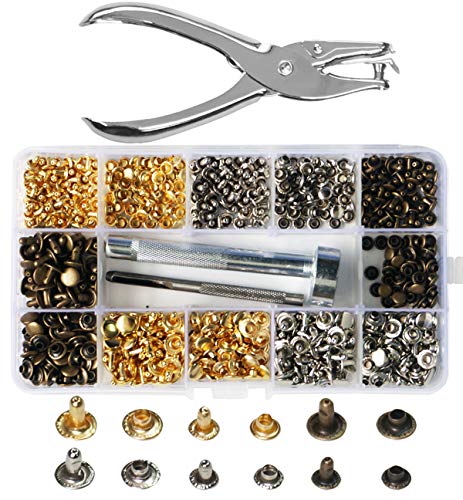 Gnognauq 300 Set 2 Sizes Leather Rivets Double Cap Rivet Tubular Metal Studs with 3 Pieces Setting Tool Kit and Punch Pliers for Leather Craft, Rivets Replacement,3 Colors - Thumbnail 6