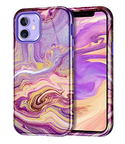 Btscase for iPhone 12 Case/iPhone 12 Pro Case, Heavy Duty Three Layer Marble Shockproof Full Body Rugged Hard PC+Soft TPU Bumper Drop Protection Women Girls Cover for iPhone 12/12 Pro, Purple Sand