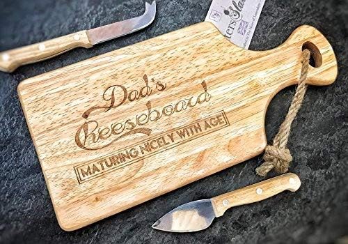 Wooden Paddle Serving Board - Engraved with "Dad's Cheeseboard, Maturing Nicely With Age" 30x17cm - Ideal for your Dad on his birthday, christmas or Father's Day
