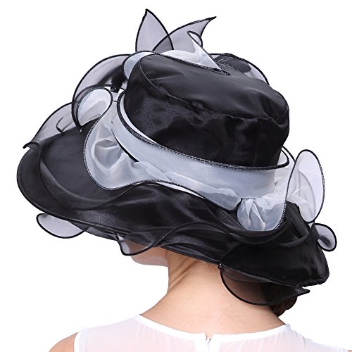 June's Young Women Race Hats Organza Hat with Ruffles Feathers (Black&White) - Thumbnail 5