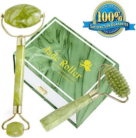 Jade Face Roller Massager – 100% Natural Anti-aging Double Neck Facial Massager – Healing, Slimming &amp; Wrinkle Treatment Jade Roller For Face, Neck, Body, Eyes – Expel Toxins &amp; Reduce Puffiness