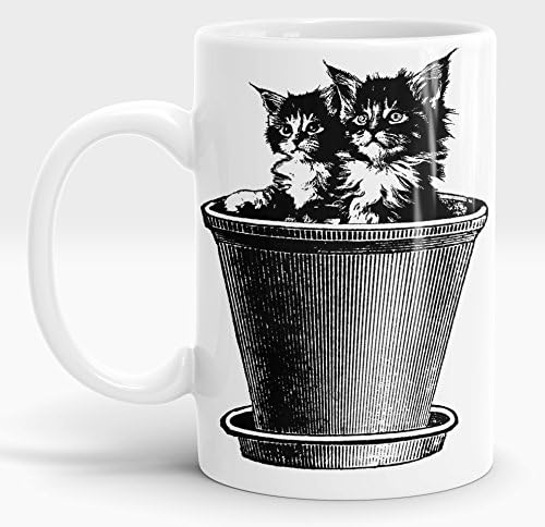 Funny "Double Trouble" 2 Kittens in a Planter Exclusive Cat Design 15oz White Ceramic Coffee Mug