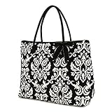 Belvah Quilted Damask Print Large Tote Bag - Black & White (18 x 14.5 x 7)